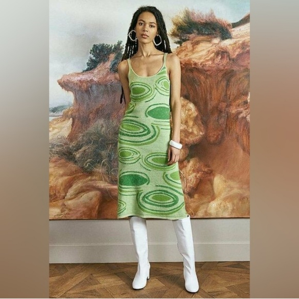 House Of Sunny Hockney Green Abstract Geometric Knit Cut Out Midi Dress Size 2